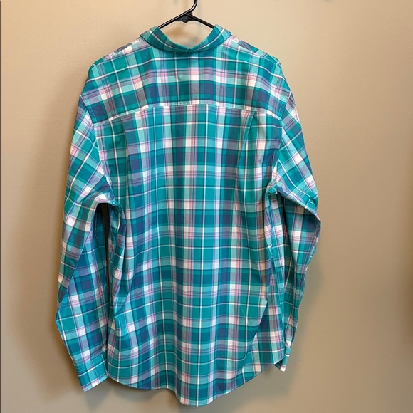 Crown & Ivy Size Large Classic Fit Teal & White Plaid Button-Down Cotton Shirt - Picture 3 of 7